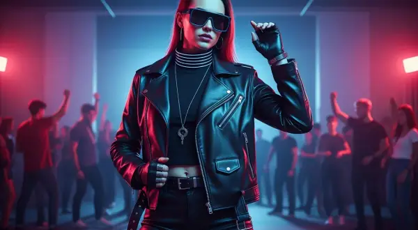 Kobieta w skórzanej kurtce i okularach przeciwsłonecznych na tle tłumu na imprezie techno.