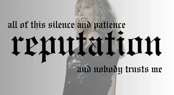 Taylor Swift w stylizacji z albumu "reputation taylor's version". Napis "reputation" w gotyckim stylu.