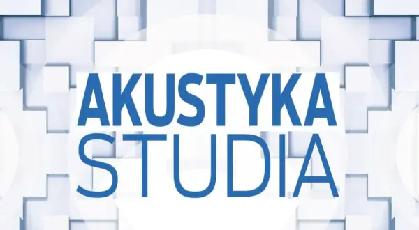 Akustyka studia: co to znaczy akustyczny? Tło z białych sześcianów i niebieski napis.