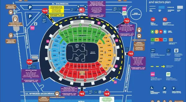 Plan stadionu z sektorami, wejściami i informacjami o biletach.