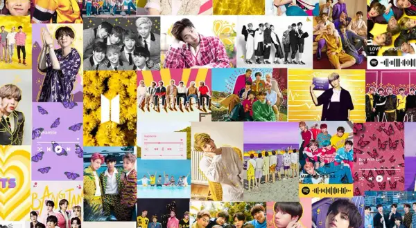 Kpopowe grafiki z BTS, pytania czy kpop jest zły, kolorowe zdjęcia, motyle i żółte kwiaty.