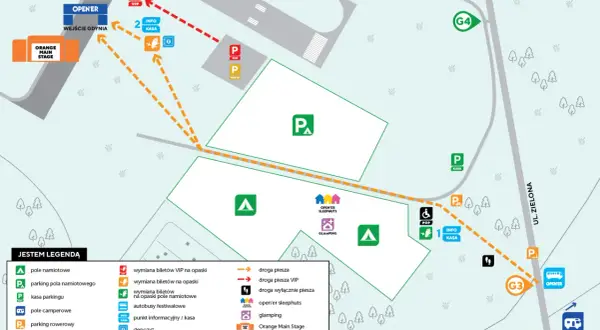 Mapa terenu festiwalu Open'er z zaznaczonymi wejściami, parkingami, scenami i strefami.