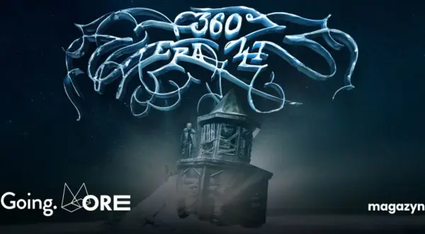 Postać na wieży pod lodowym napisem "360°". Logo "Going. MORE" i "magazyn".