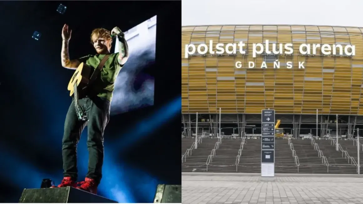 Ed Sheeran na koncercie z gitarą i Polsat Plus Arena Gdańsk.