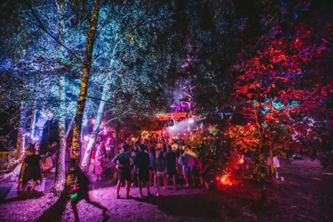 Nocny las rozświetlony kolorowymi światłami, tłum ludzi bawi się na Garbicz Festival.