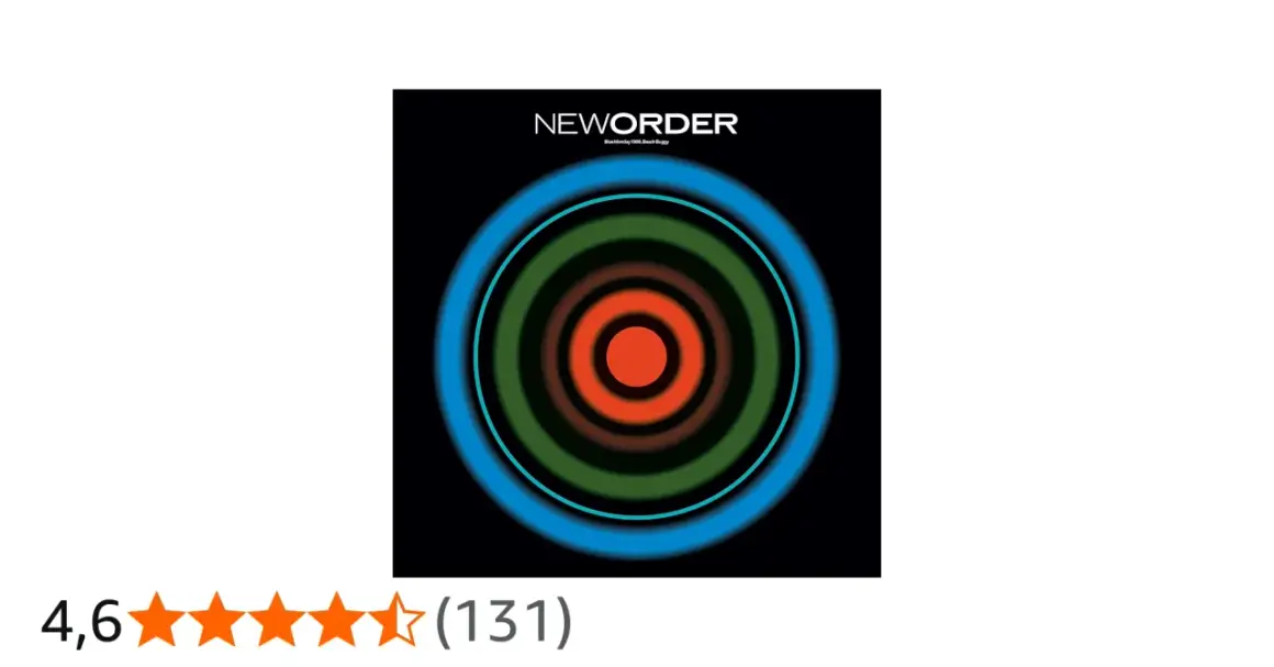 Okładka singla New Order "Blue Monday" z koncentrycznymi kręgami w kolorach niebieskim, zielonym i czerwonym.
