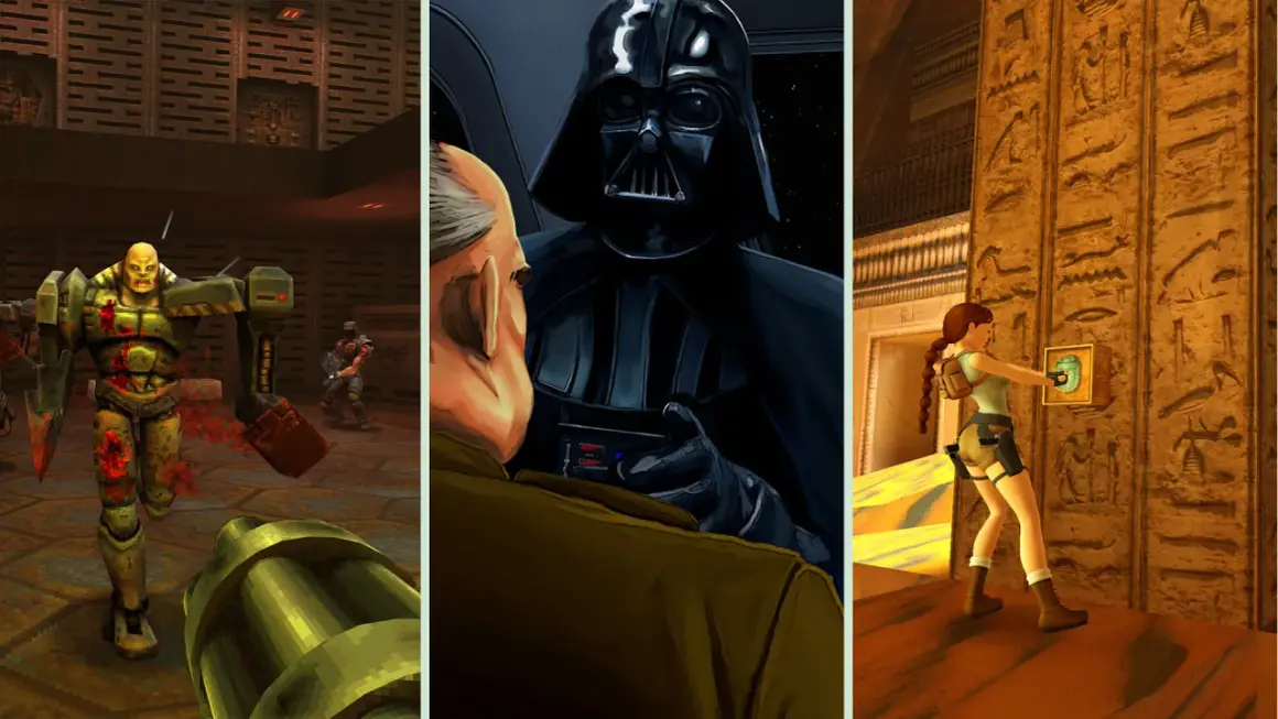 Trzy sceny z gier: potwór z Quake, Darth Vader i Lara Croft. Czy to remaster co to?
