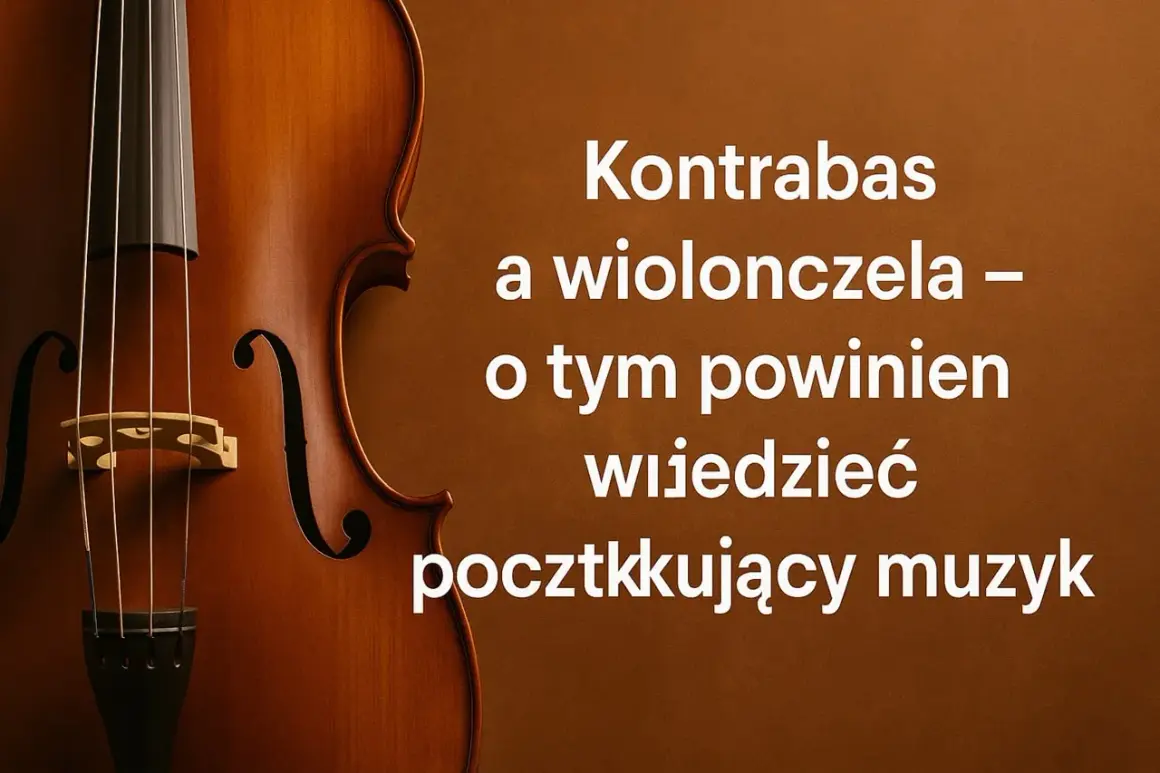 Zbliżenie na drewniany kontrabas i wiolonczelę. Tekst: "Kontrabas a wiolonczela – o tym powinien wiedzieć początkujący muzyk".