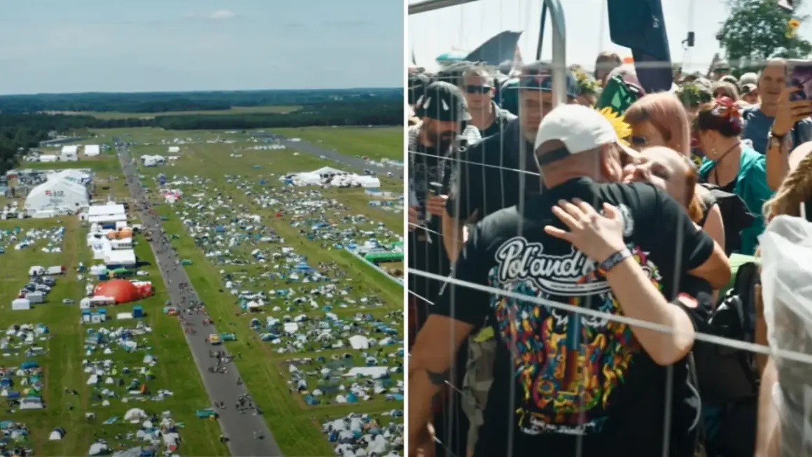 Widok z lotu ptaka na pole namiotowe festiwalu czaplinek woodstock. Tłum ludzi przy płocie, radość i bliskość.