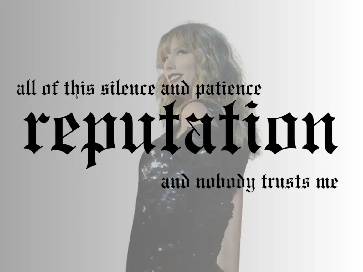 Taylor Swift w stylizacji z albumu "reputation taylor's version". Napis "reputation" w gotyckim stylu.