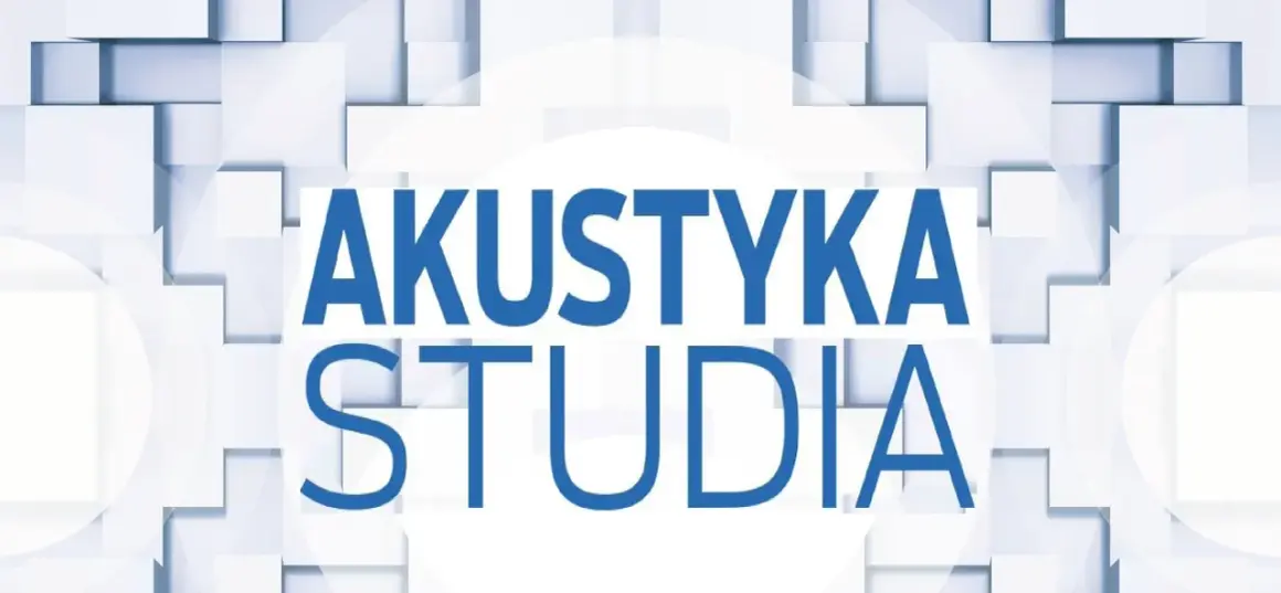 Akustyka studia: co to znaczy akustyczny? Tło z białych sześcianów i niebieski napis.