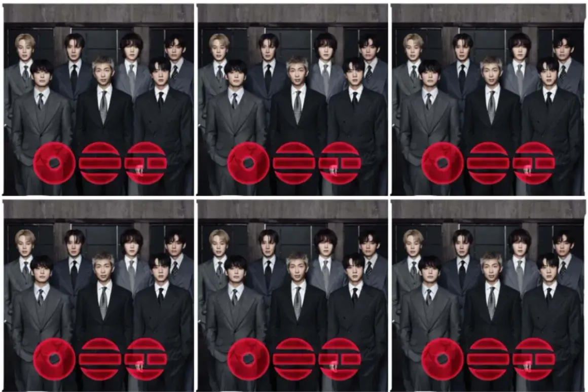 BTS w garniturach, z czerwonymi symbolami.