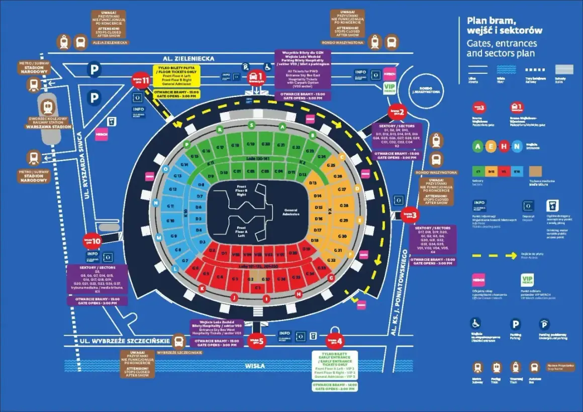 Plan stadionu z sektorami, wejściami i informacjami o biletach.