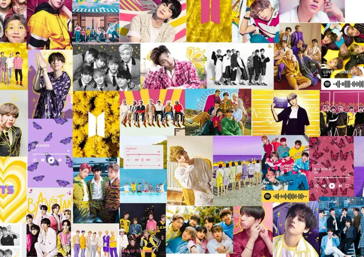 Kpopowe grafiki z BTS, pytania czy kpop jest zły, kolorowe zdjęcia, motyle i żółte kwiaty.