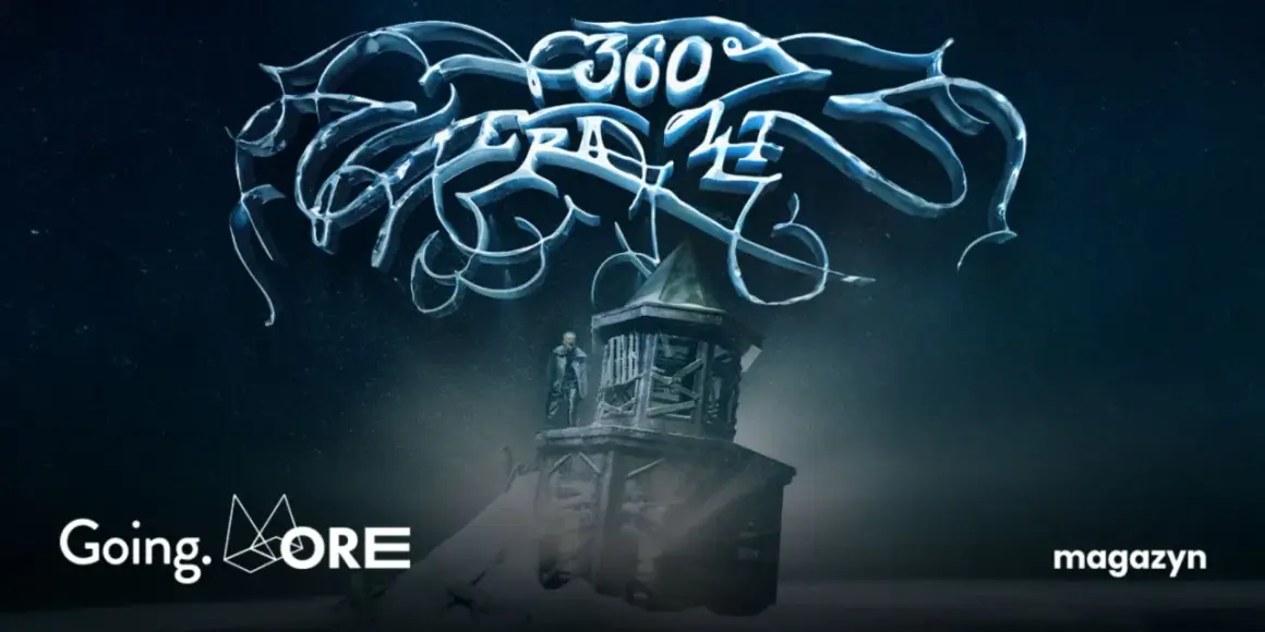 Postać na wieży pod lodowym napisem "360°". Logo "Going. MORE" i "magazyn".