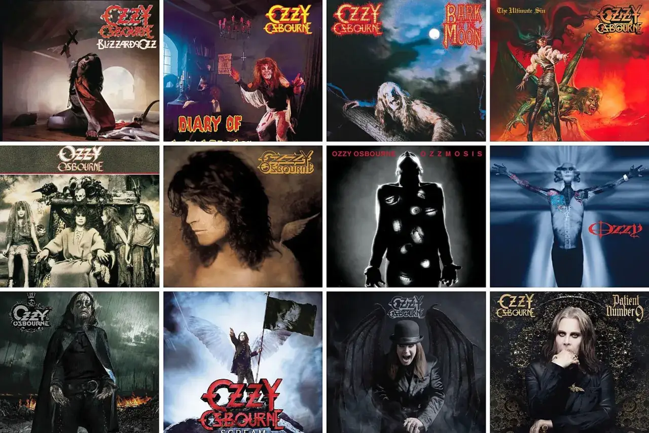 Kolaż okładek album&oacute;w z utworami Ozzy'ego Osbourne'a. Widzimy tu m.in. 