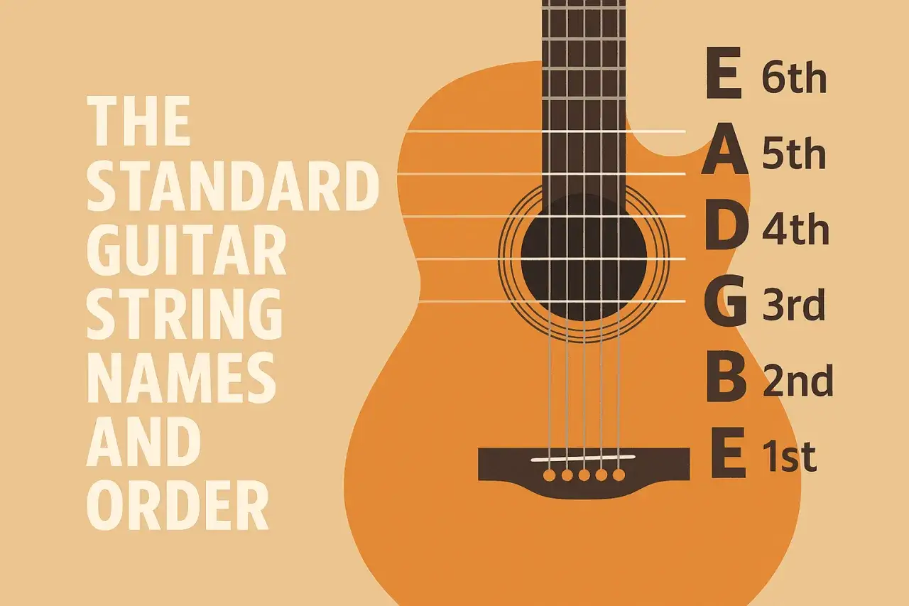 Standardowa gitara akustyczna ma sześć strun: E, A, D, G, B, E.