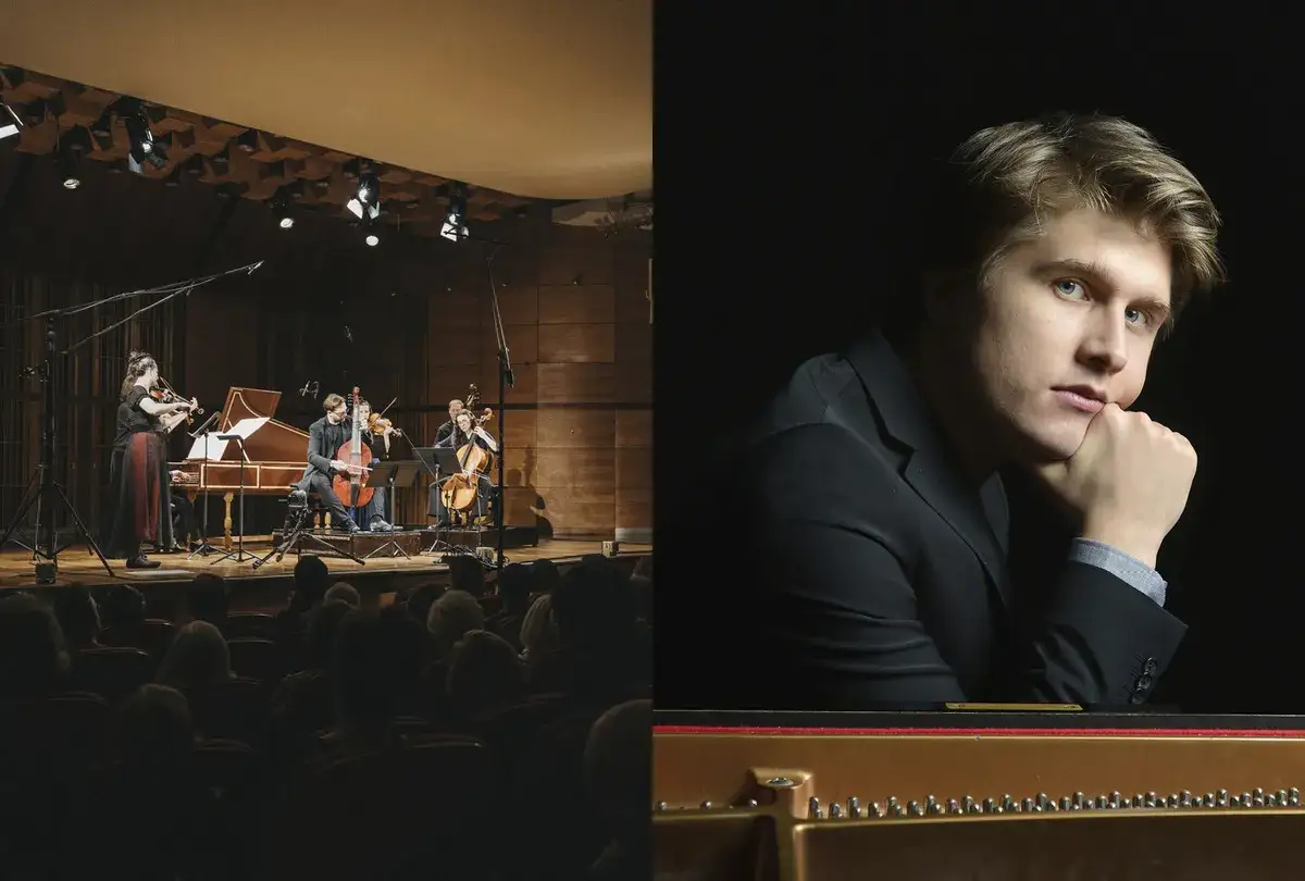 Koncerty Warszawa: zespół muzyków gra na scenie, a obok portret młodego pianisty.