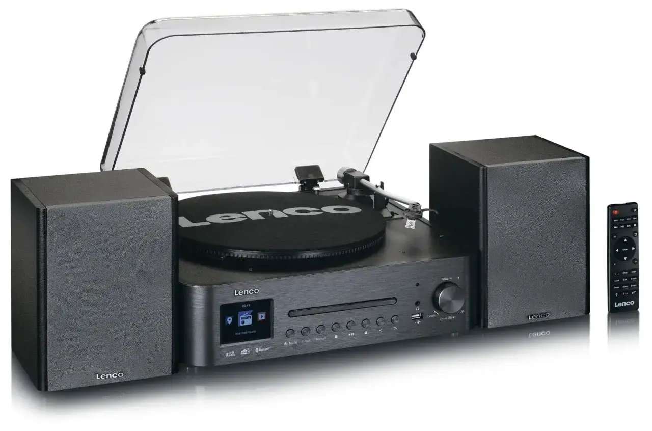 System audio Lenco z gramofonem, odtwarzaczem CD i głośnikami. Wybór między winyl czy CD dla miłośników muzyki.