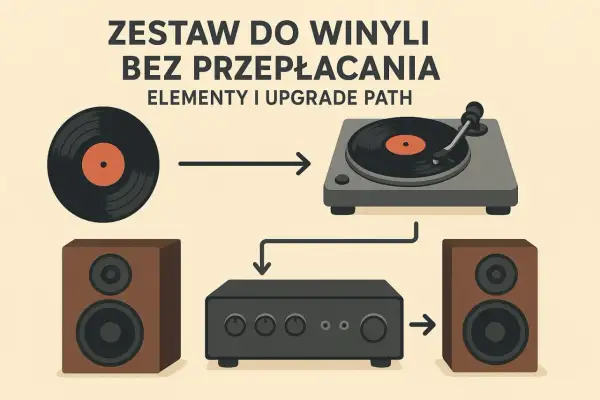 Schemat pokazuje, jak działa płyta winylowa: od gramofonu przez wzmacniacz do głośników.