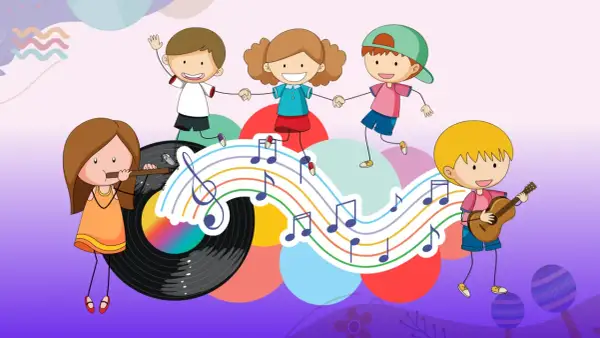 Dzieci tańczą i grają na instrumentach na tle kolorowych nut i płyty winylowej.