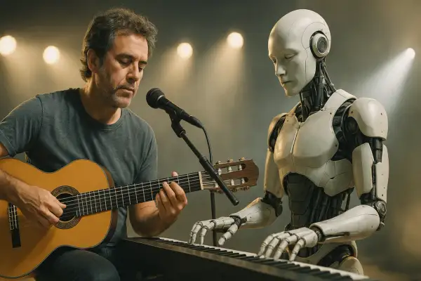Człowiek gra na gitarze, a robot na keyboardzie, przed mikrofonem.