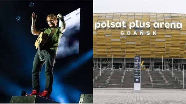 Ed Sheeran na koncercie z gitarą i Polsat Plus Arena Gdańsk.