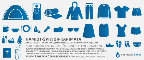 Ikony przedstawiające przedmioty potrzebne na festiwal: namiot, śpiwór, ubrania, kosmetyki, jedzenie.