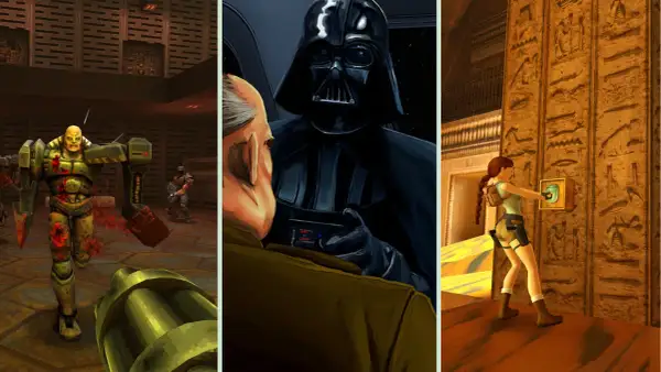 Trzy sceny z gier: potwór z Quake, Darth Vader i Lara Croft. Czy to remaster co to?