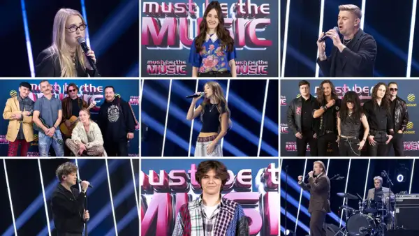 Kolaż zdjęć z programu "Must Be the Music" - wykonawcy śpiewający i pozujący na scenie.