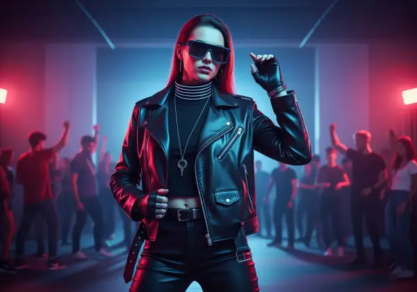Kobieta w skórzanej kurtce i okularach przeciwsłonecznych na tle tłumu na imprezie techno.