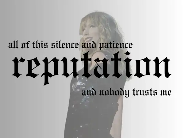 Taylor Swift w stylizacji z albumu "reputation taylor's version". Napis "reputation" w gotyckim stylu.