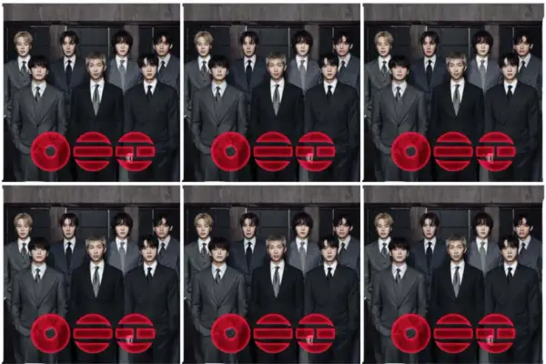 BTS w garniturach, z czerwonymi symbolami.
