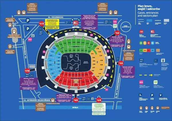 Plan stadionu z sektorami, wejściami i informacjami o biletach.
