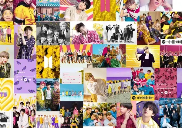 Kpopowe grafiki z BTS, pytania czy kpop jest zły, kolorowe zdjęcia, motyle i żółte kwiaty.