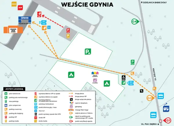 Mapa terenu festiwalu Open'er z zaznaczonymi wejściami, parkingami, scenami i strefami.